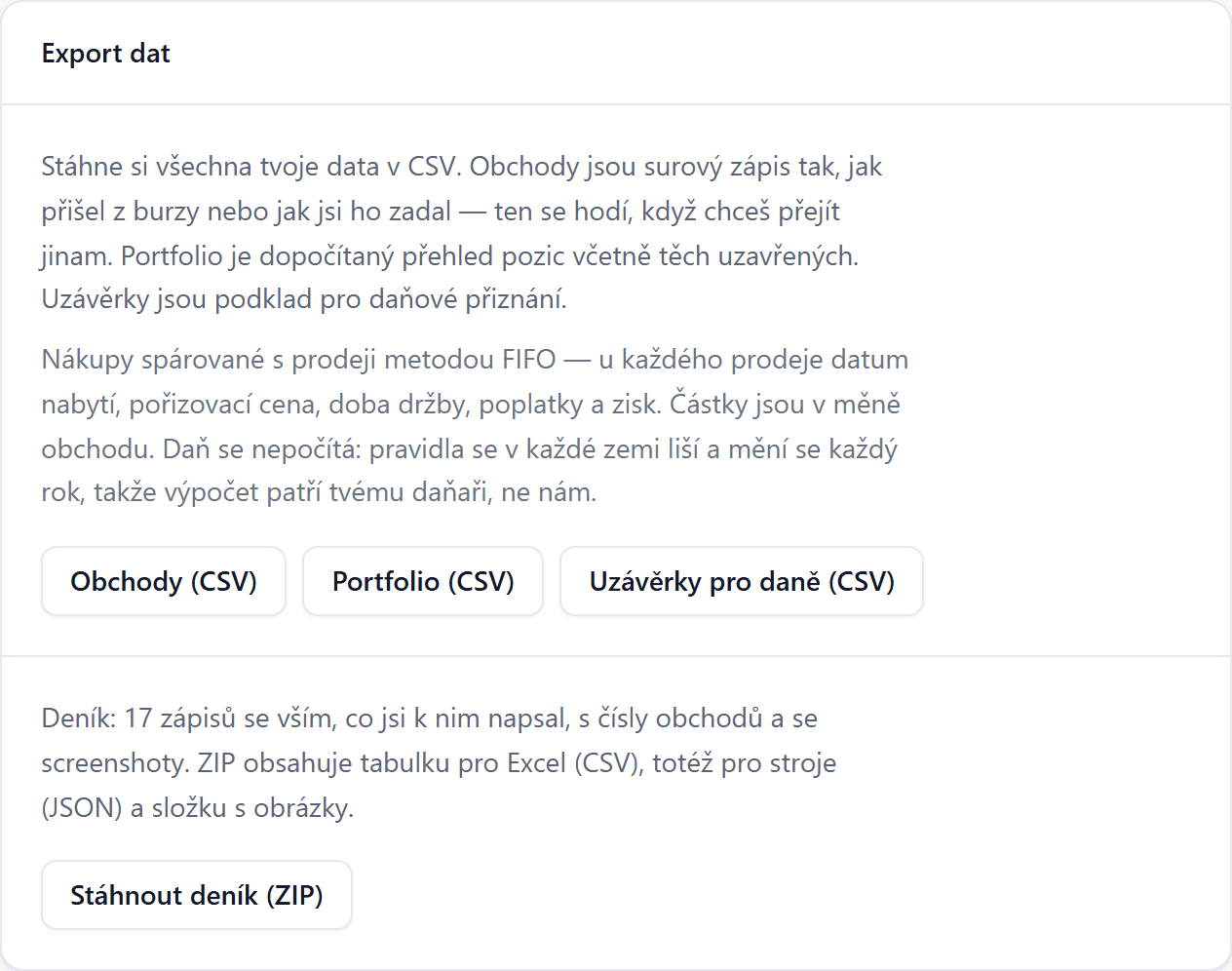 Export dat: obchody, portfolio a uzávěrky pro daně v CSV