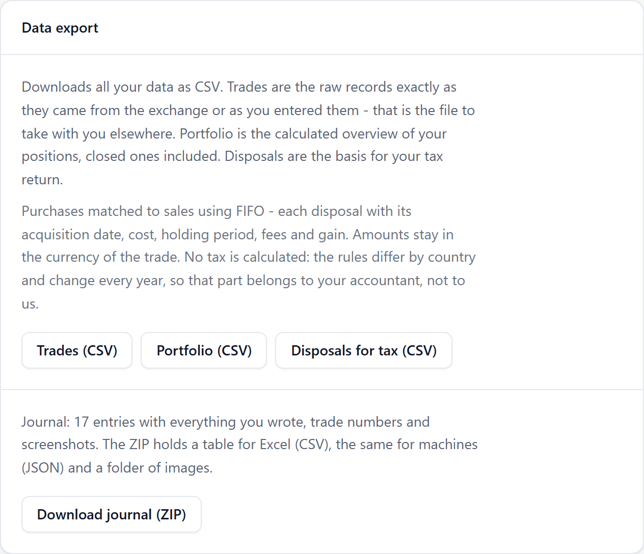 Data export: trades, portfolio and tax figures in CSV